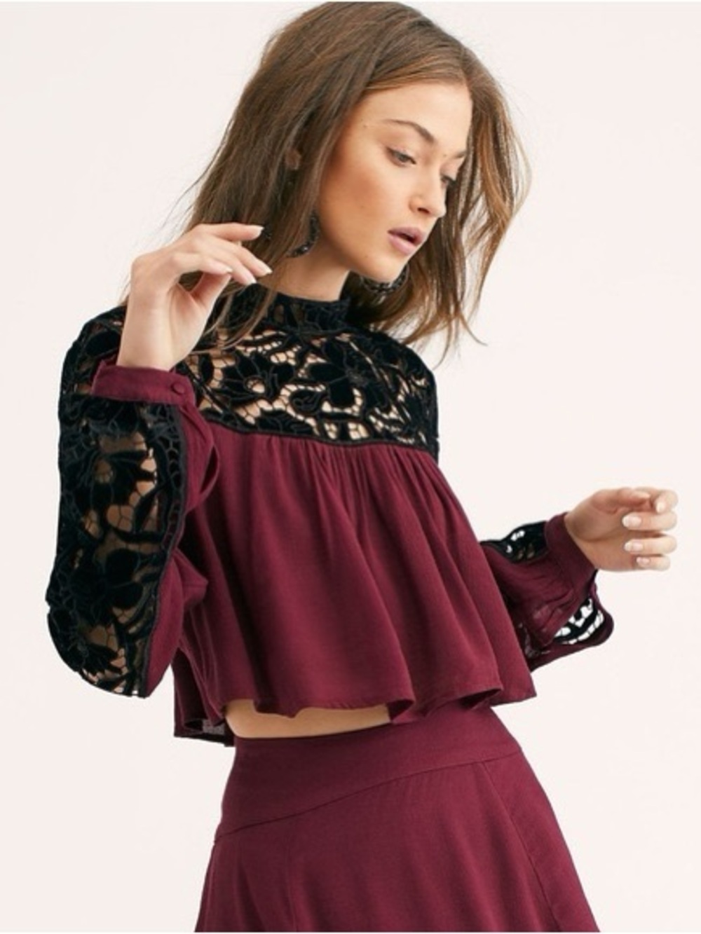 Free People Embroidered Burgundy and Black Velvet Lace Crop Top Two Piece Set